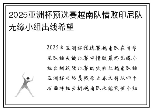 2025亚洲杯预选赛越南队惜败印尼队无缘小组出线希望