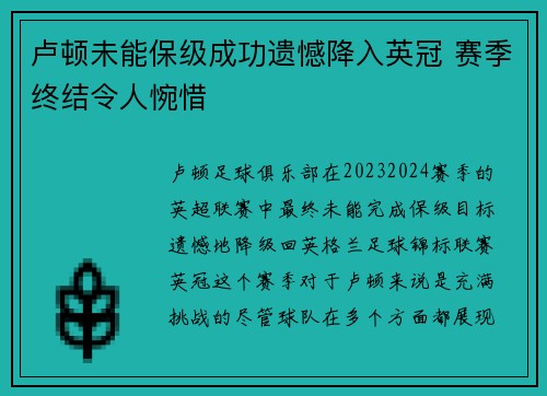 卢顿未能保级成功遗憾降入英冠 赛季终结令人惋惜 卢顿未能保级成功遗憾降入英冠 赛季终结令人惋惜