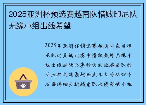 2025亚洲杯预选赛越南队惜败印尼队无缘小组出线希望 2025亚洲杯预选赛越南队惜败印尼队无缘小组出线希望